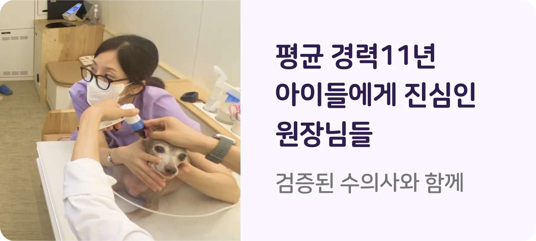 평균 경력 11년, 아이들에게 진심인 원장님들. 검증된 수의사와 함께